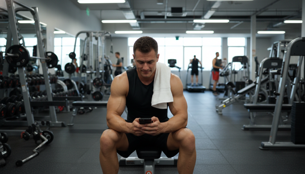 Atleta revisando su frecuencia de entrenamiento semanal en el móvil en el gimnasio