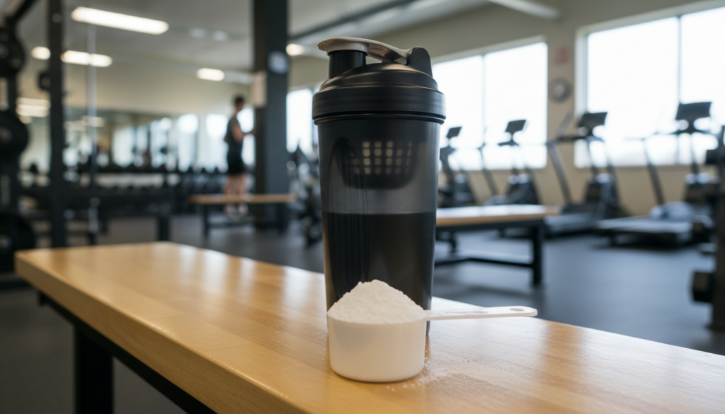 Cazo de creatina monohidrato junto a un shaker negro en el gimnasio
