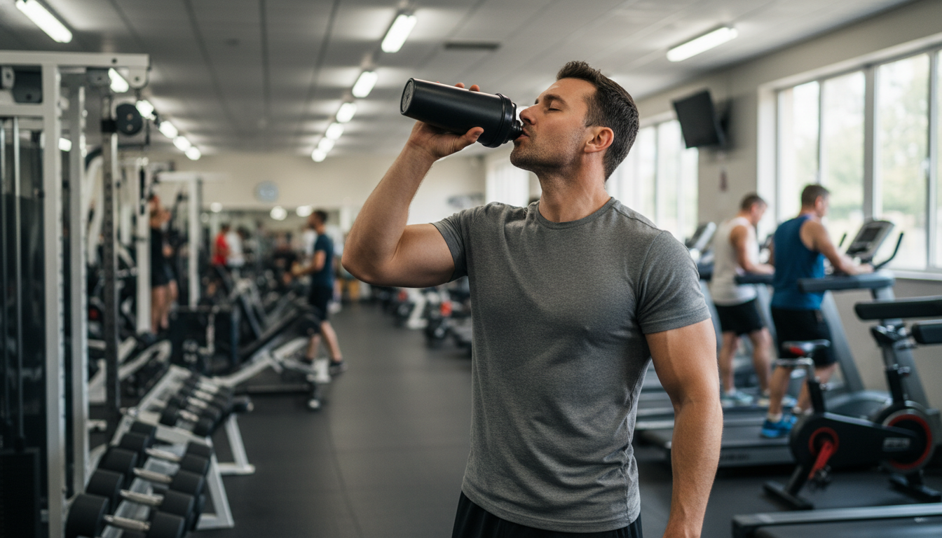 Atleta bebiendo de un shaker con creatina tras entrenar en el gimnasio