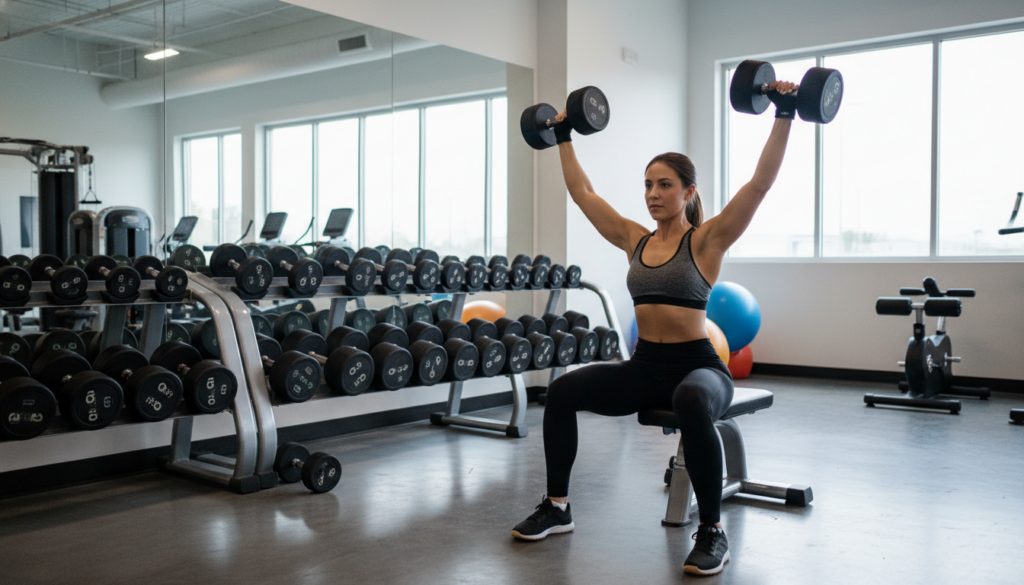 Mujer entrenando con mancuernas y distintos rangos de repeticiones en el gimnasio