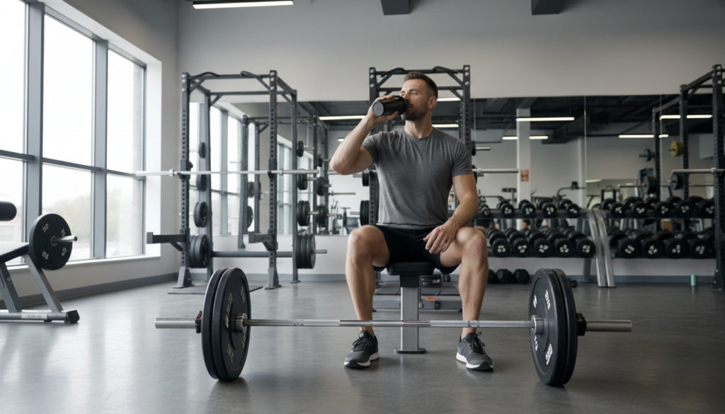 Hombre en el gimnasio tomando un batido de proteína para ganar músculo tras entrenar