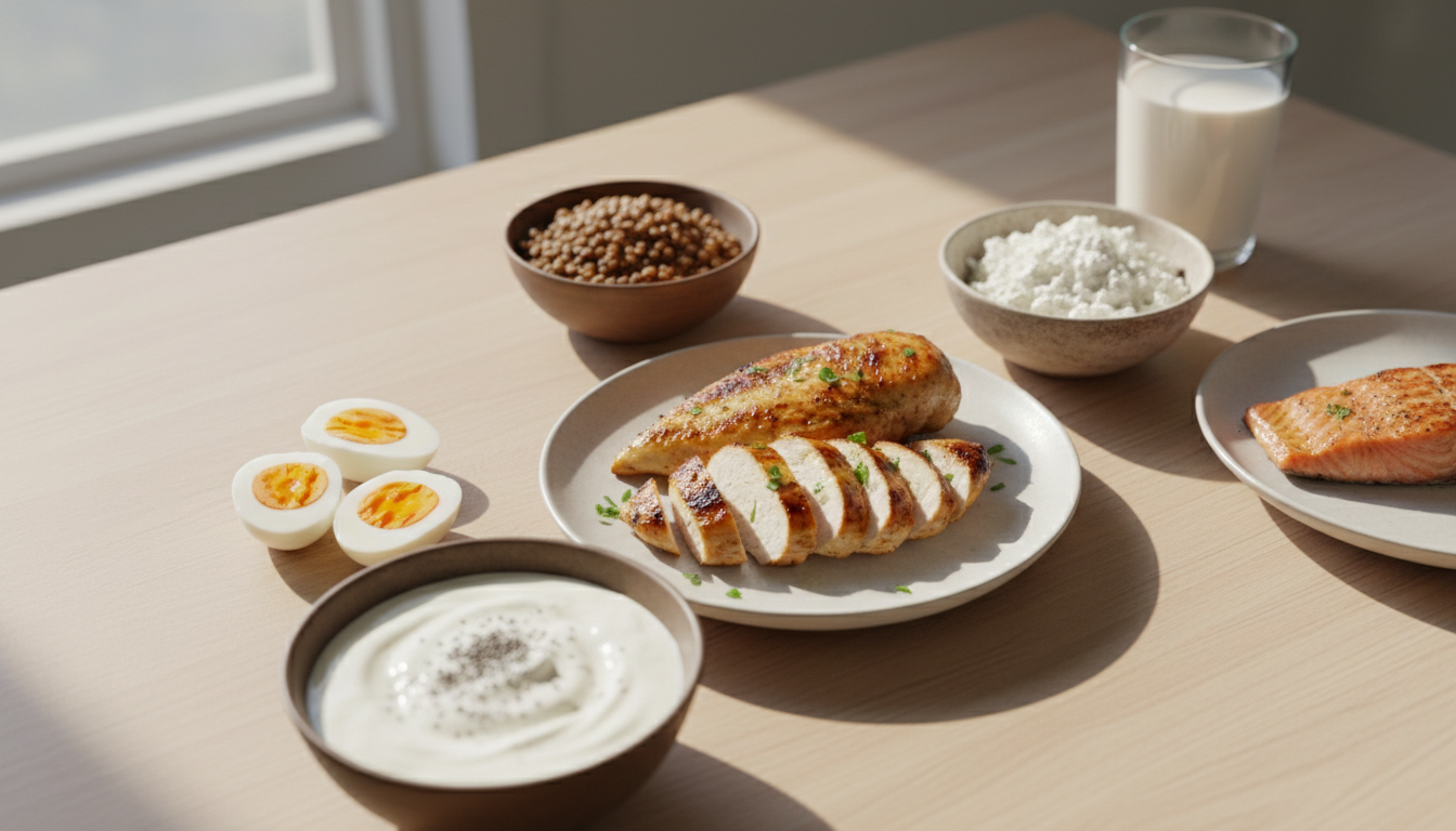 Alimentos ricos en proteína para ganar músculo: pollo, huevos, salmón, yogur griego y legumbres