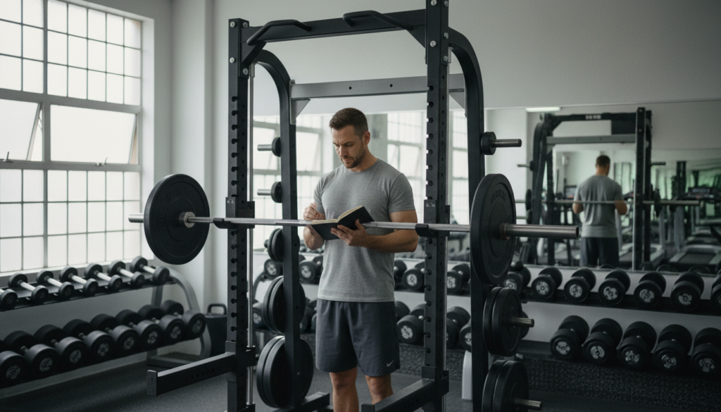 Periodización del entrenamiento: deportista planificando sus semanas de gimnasio junto a un rack