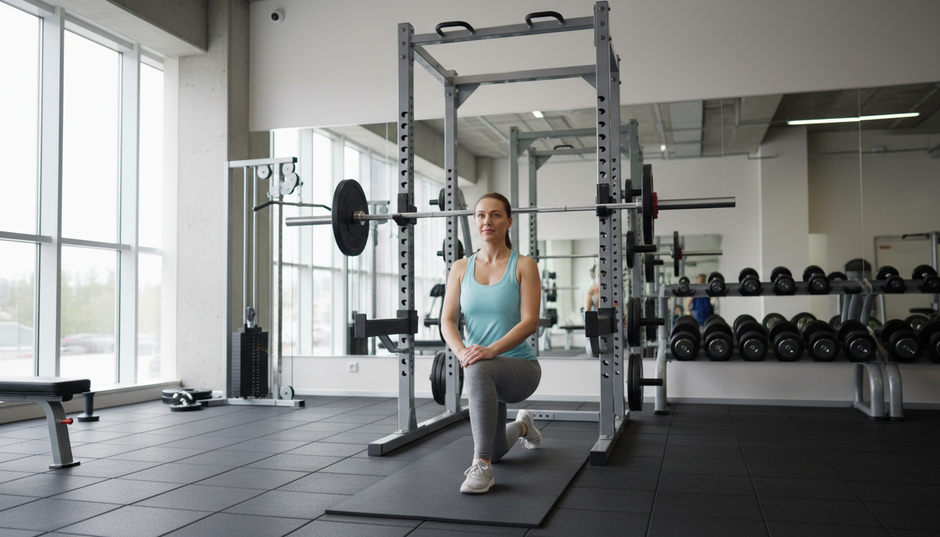 Mujer estirando en el gimnasio junto a un rack durante una semana de descarga o deload