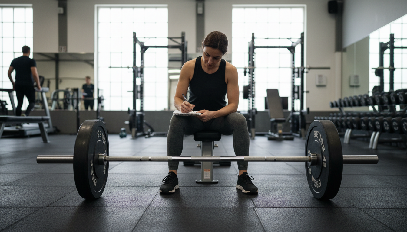 Mujer anotando sus series en un banco del gimnasio para medir cuánto se tarda en ganar músculo