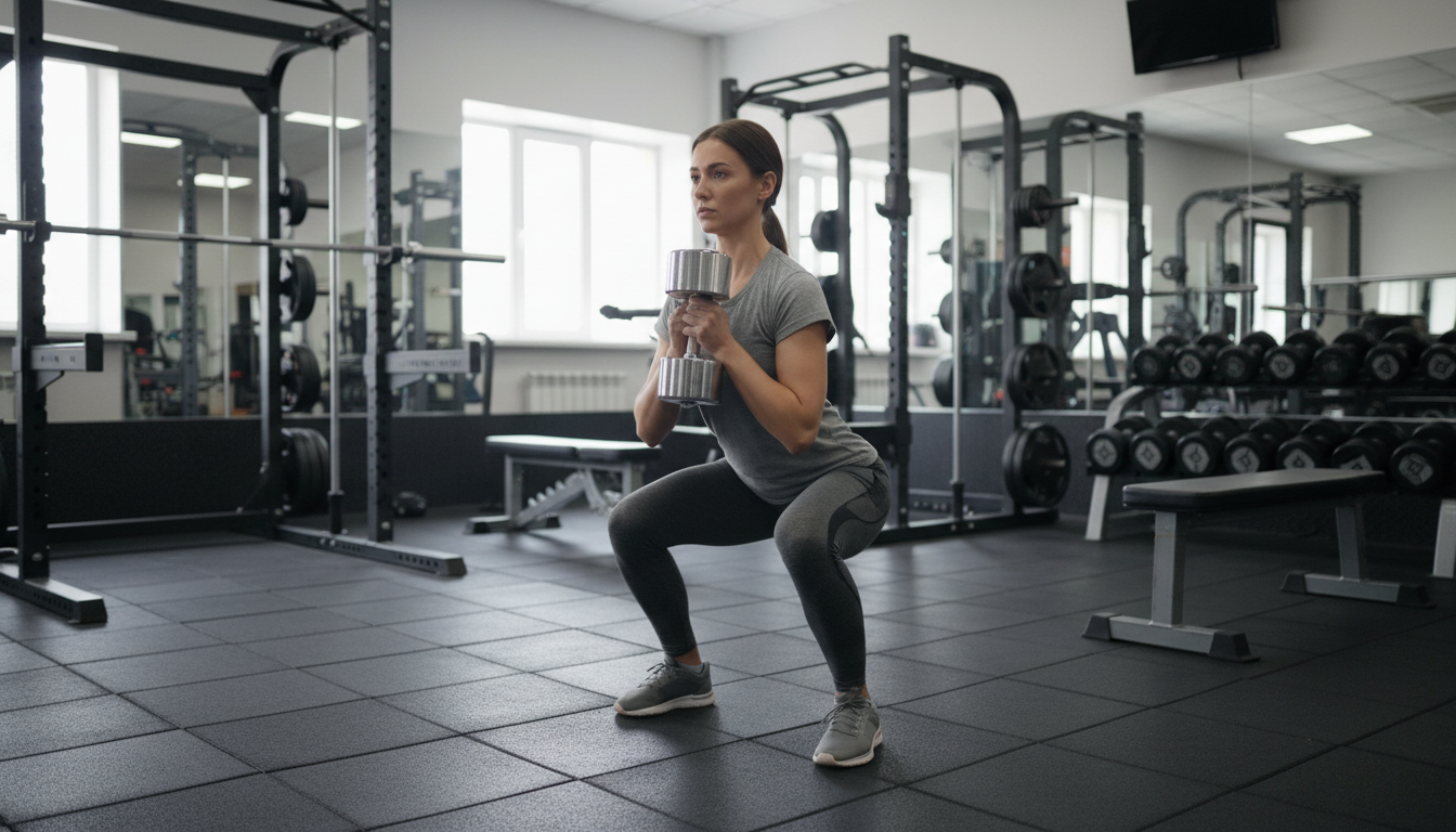 Mujer practicando la técnica de sentadilla goblet con una mancuerna en el gimnasio