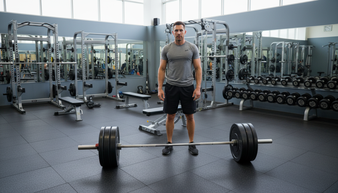 Hombre junto a una barra olímpica en el gimnasio entrenando en déficit calórico para definir