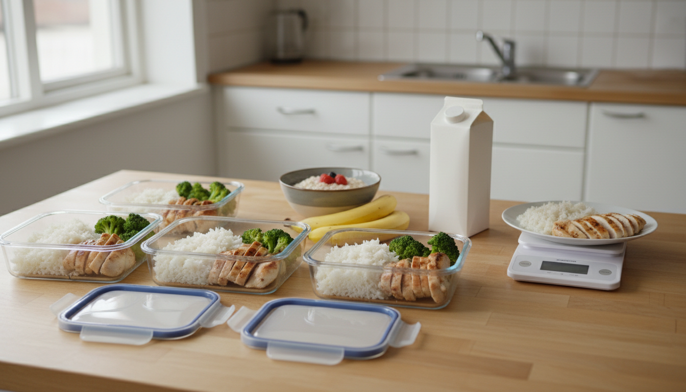 Táperes con arroz, pollo y brócoli junto a una báscula de cocina para controlar el superávit calórico